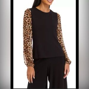 Tahari Black Top with Sheer Leopard Print Sleeves Size Sm